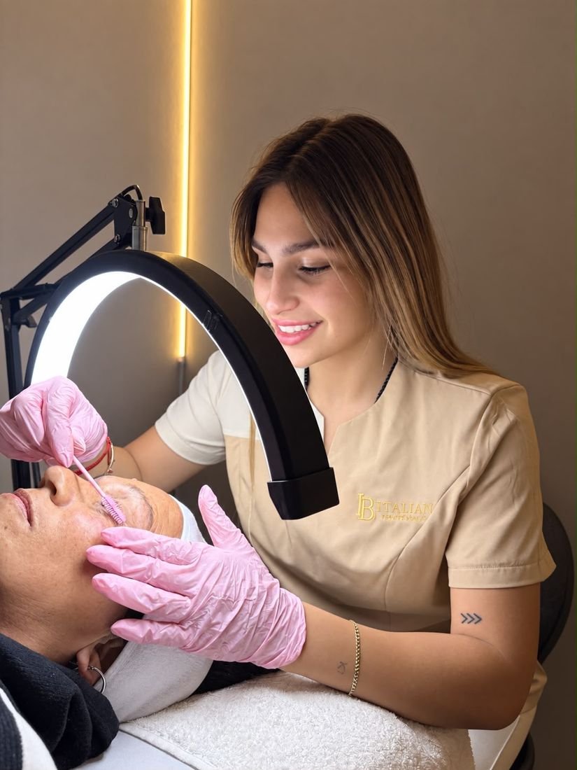 Profesional de ITALIAN con el ambo de la marca, realizando un tratamiento de pestañas